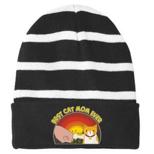 Retro Best Cat Mom Ever Striped Beanie with Solid Band