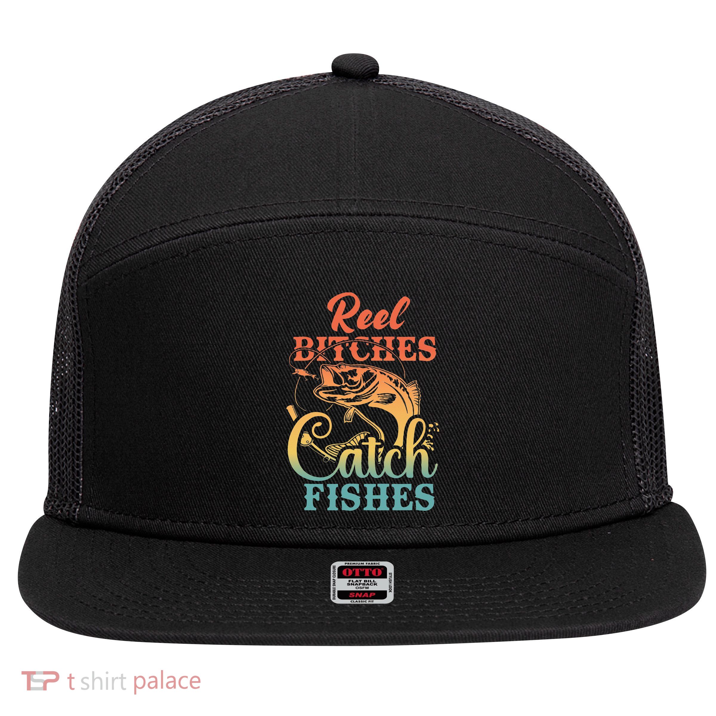 Reel Bitches Catch Fishes Funny Retro Fishing 7 Panel Mesh Trucker Snapback Hat