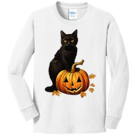 Retro Black Cat Halloween Pumpkin Kids Long Sleeve Shirt