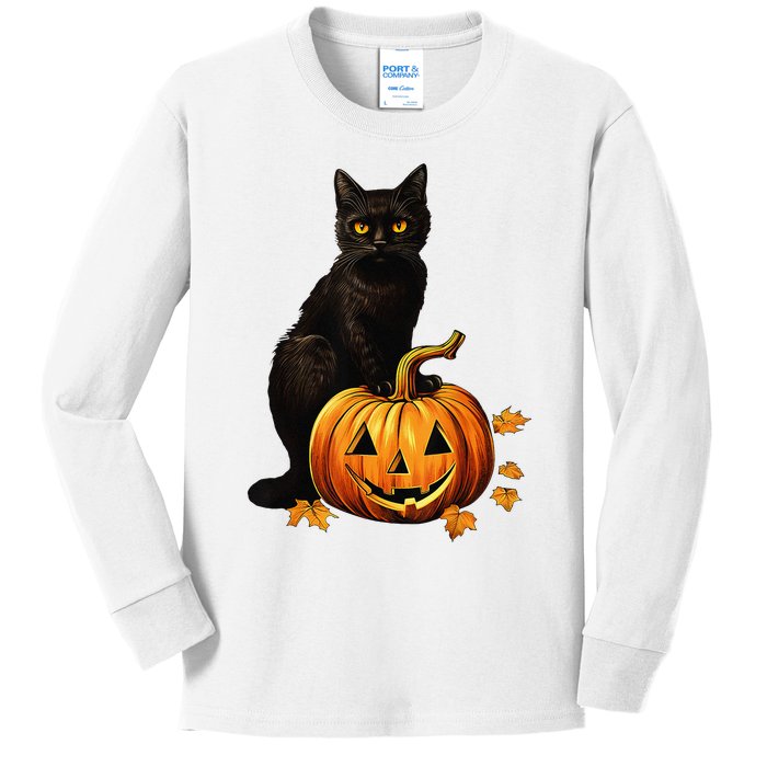 Retro Black Cat Halloween Pumpkin Kids Long Sleeve Shirt