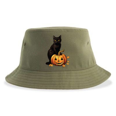 Retro Black Cat Halloween Pumpkin Costume Sustainable Bucket Hat