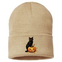 Retro Black Cat Halloween Pumpkin Costume Sustainable Knit Beanie