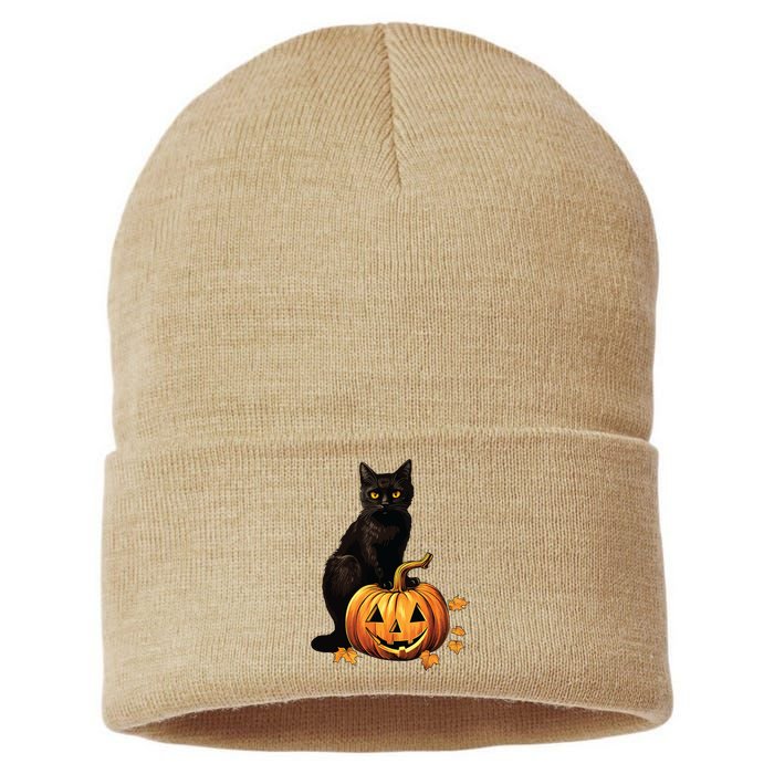 Retro Black Cat Halloween Pumpkin Costume Sustainable Knit Beanie