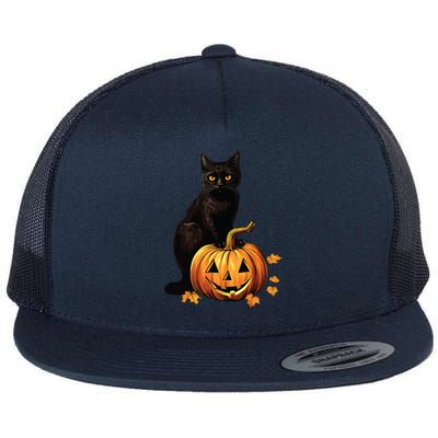 Retro Black Cat Halloween Pumpkin Costume Flat Bill Trucker Hat