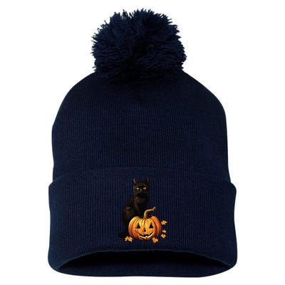 Retro Black Cat Halloween Pumpkin Costume Pom Pom 12in Knit Beanie