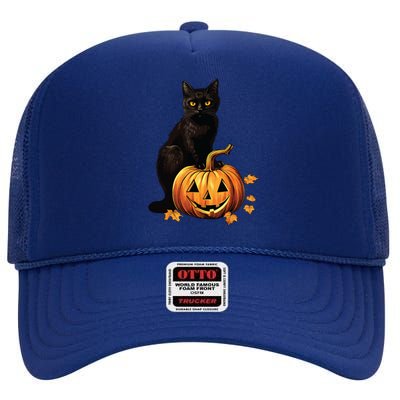 Retro Black Cat Halloween Pumpkin Costume High Crown Mesh Back Trucker Hat