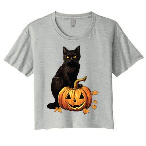 Retro Black Cat Halloween Pumpkin Costume Women's Crop Top Tee