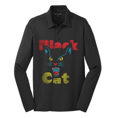 Retro Black Cat Retro Fireworks Vintage Halloween 70s Silk Touch Performance Long Sleeve Polo