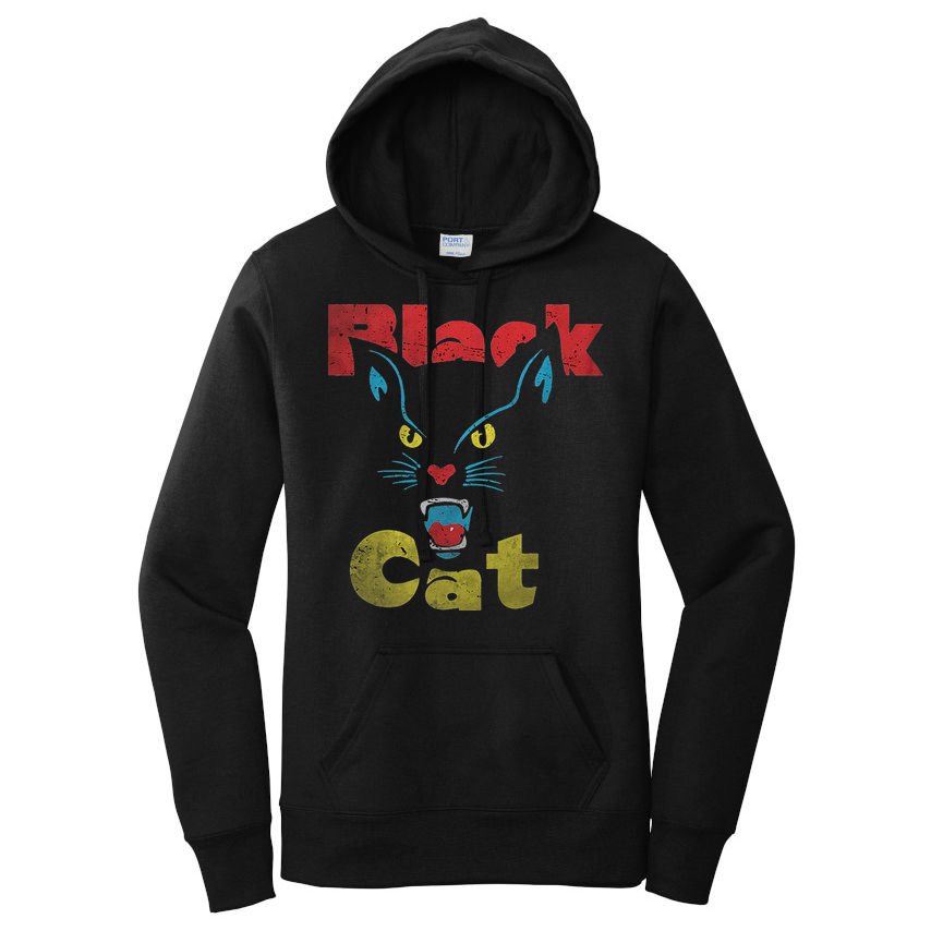 Retro Black Cat Retro Fireworks Vintage Halloween 70s Women's Pullover Hoodie