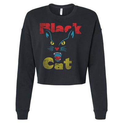 Retro Black Cat Retro Fireworks Vintage Halloween 70s Cropped Pullover Crew