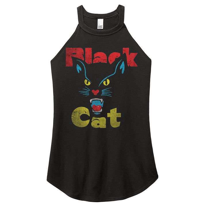 Retro Black Cat Retro Fireworks Vintage Halloween 70s Women's Perfect Tri Rocker Tank