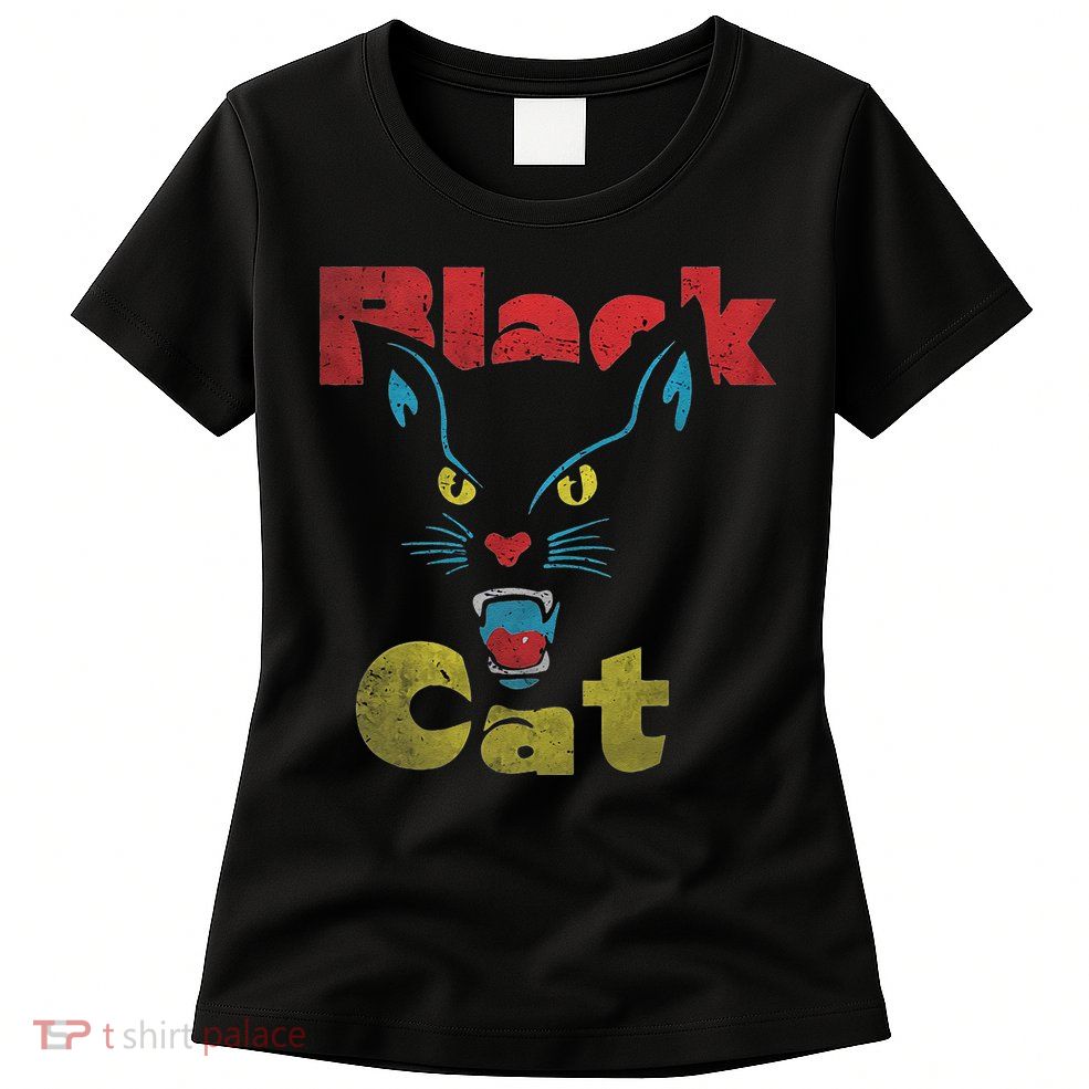 Retro Black Cat Retro Fireworks Vintage Halloween 70s Womens T-Shirt