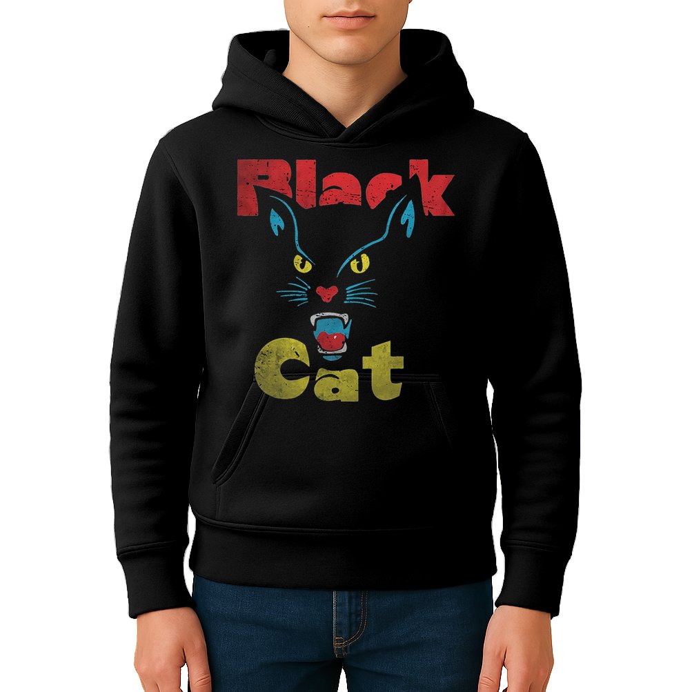 Retro Black Cat Retro Fireworks Vintage Halloween 70s Kids Hoodie