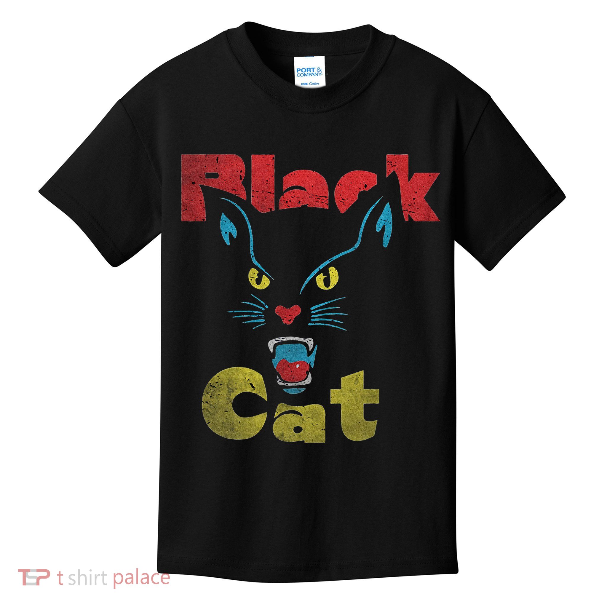 Retro Black Cat Retro Fireworks Vintage Halloween 70s Kids T-Shirt