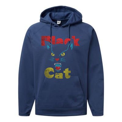 Retro Black Cat Retro Fireworks Vintage Halloween 70s Performance Fleece Hoodie