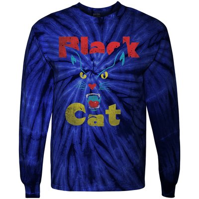 Retro Black Cat Retro Fireworks Vintage Halloween 70s Tie-Dye Long Sleeve Shirt