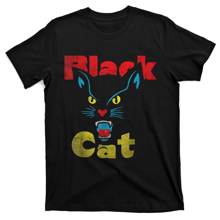 Retro Black Cat Retro Fireworks Vintage Halloween 70s T-Shirt