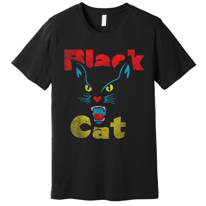 Retro Black Cat Retro Fireworks Vintage Halloween 70s Premium T-Shirt