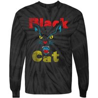 Retro Black Cat Retro Fireworks Vintage Halloween 70s Tie-Dye Long Sleeve Shirt