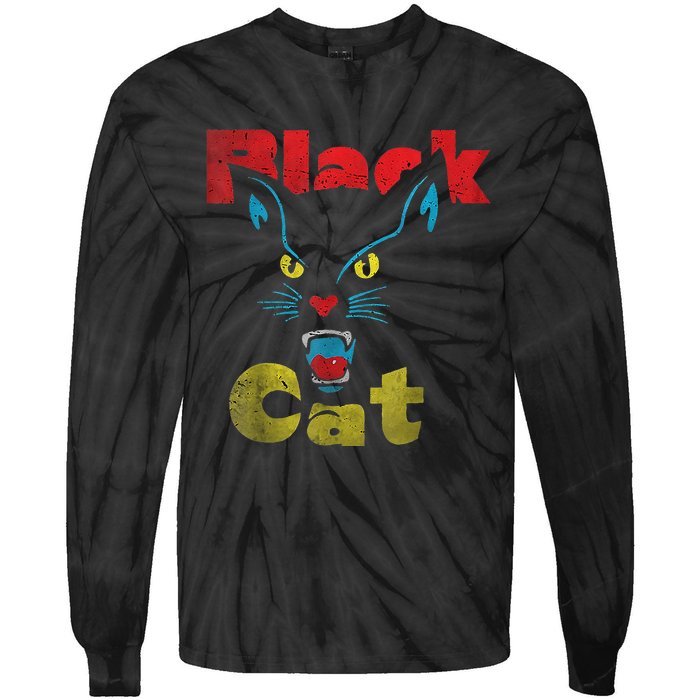 Retro Black Cat Retro Fireworks Vintage Halloween 70s Tie-Dye Long Sleeve Shirt