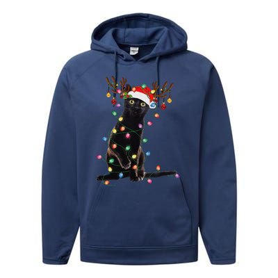 Reindeer Black Cat Christmas Lights Funny Cat Lover Gifts Performance Fleece Hoodie