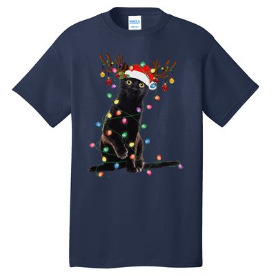 Reindeer Black Cat Christmas Lights Funny Cat Lover Gifts Tall T-Shirt