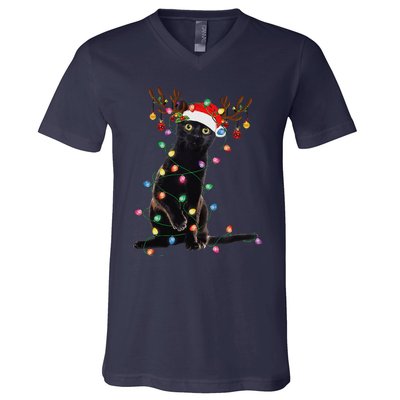 Reindeer Black Cat Christmas Lights Funny Cat Lover Gifts V-Neck T-Shirt