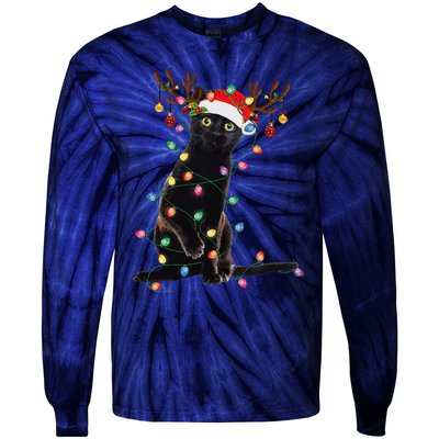 Reindeer Black Cat Christmas Lights Funny Cat Lover Gifts Tie-Dye Long Sleeve Shirt