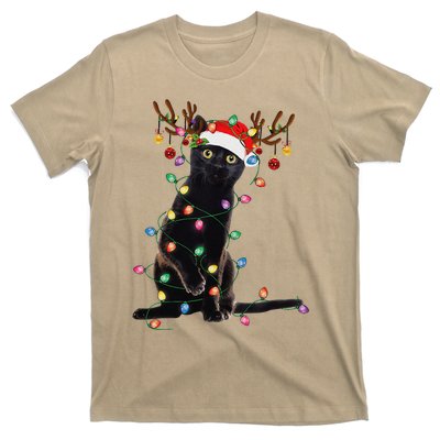 Reindeer Black Cat Christmas Lights Funny Cat Lover Gifts T-Shirt