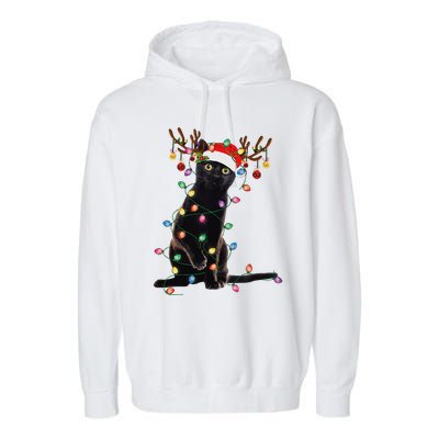 Reindeer Black Cat Christmas Lights Funny Cat Lover Gifts Garment-Dyed Fleece Hoodie