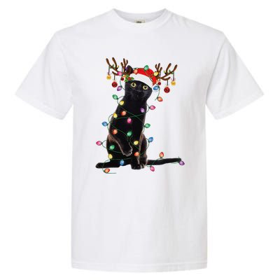 Reindeer Black Cat Christmas Lights Funny Cat Lover Gifts Garment-Dyed Heavyweight T-Shirt