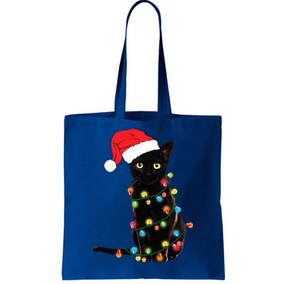 Retro Black Cat Christmas Light Funny Cat Tote Bag