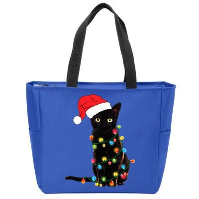 Retro Black Cat Christmas Light Funny Cat Zip Tote Bag