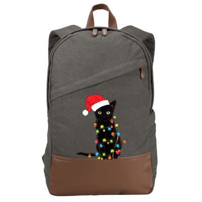 Retro Black Cat Christmas Light Funny Cat Cotton Canvas Backpack