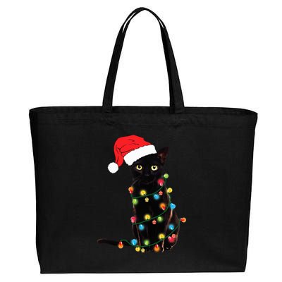 Retro Black Cat Christmas Light Funny Cat Cotton Canvas Jumbo Tote