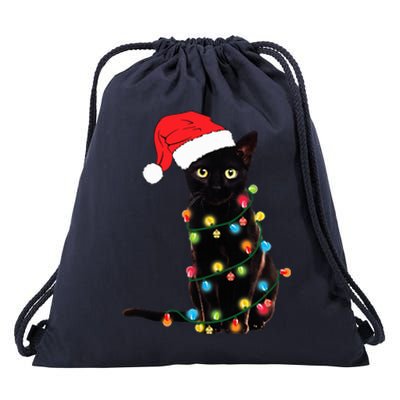 Retro Black Cat Christmas Light Funny Cat Drawstring Bag