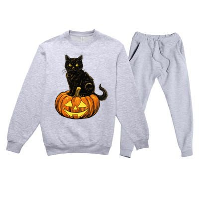 Retro Black Cat Halloween Pumpkin Costume Premium Crewneck Sweatsuit Set