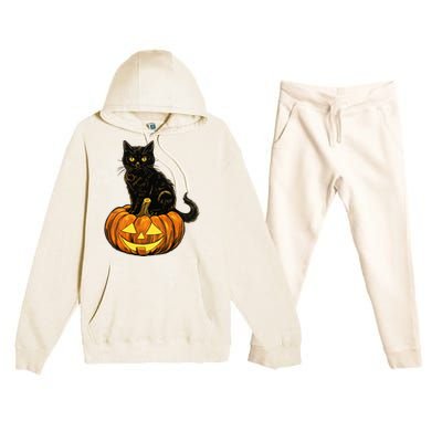 Retro Black Cat Halloween Pumpkin Costume Premium Hooded Sweatsuit Set