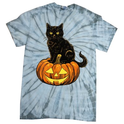 Retro Black Cat Halloween Pumpkin Costume Tie-Dye T-Shirt