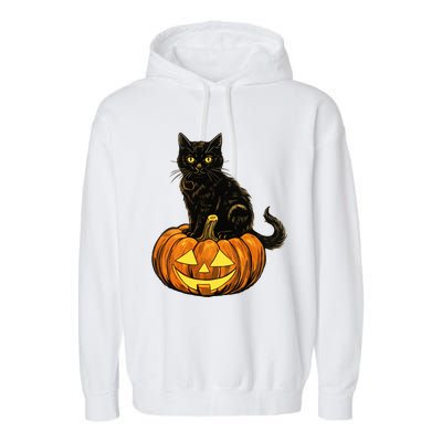 Retro Black Cat Halloween Pumpkin Costume Garment-Dyed Fleece Hoodie