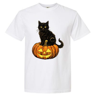 Retro Black Cat Halloween Pumpkin Costume Garment-Dyed Heavyweight T-Shirt