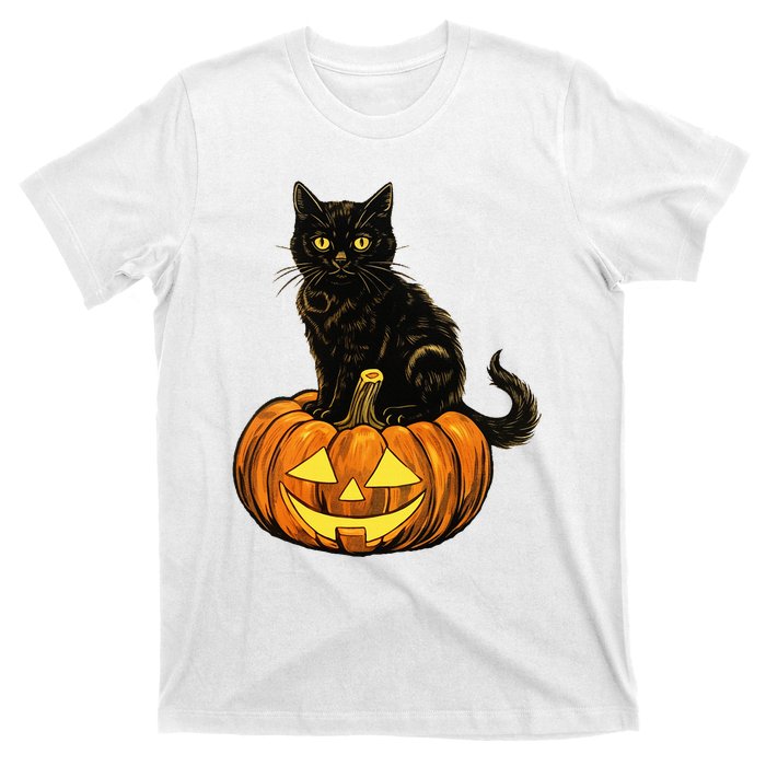 Retro Black Cat Halloween Pumpkin Costume T-Shirt