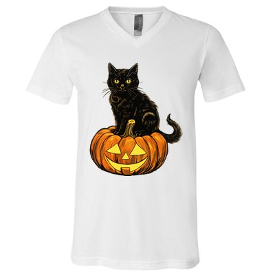 Retro Black Cat Halloween Pumpkin Costume V-Neck T-Shirt