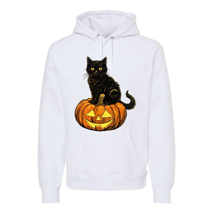 Retro Black Cat Halloween Pumpkin Costume Premium Hoodie