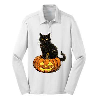 Retro Black Cat Halloween Pumpkin Costume Silk Touch Performance Long Sleeve Polo