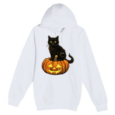 Retro Black Cat Halloween Pumpkin Costume Premium Pullover Hoodie