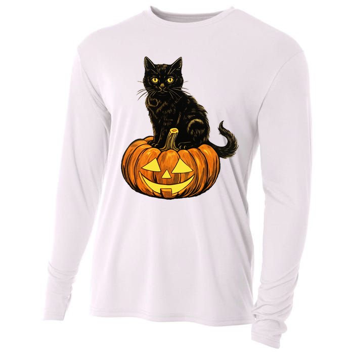 Retro Black Cat Halloween Pumpkin Costume Cooling Performance Long Sleeve Crew