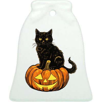 Retro Black Cat Halloween Pumpkin Costume Ceramic Bell Ornament