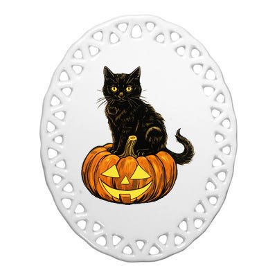 Retro Black Cat Halloween Pumpkin Costume Ceramic Oval Ornament