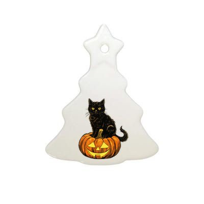 Retro Black Cat Halloween Pumpkin Costume Ceramic Tree Ornament